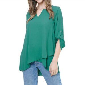 Christina B Turquoise Long Sleeve V-Neck Blouse, Size XL, High-Low Style